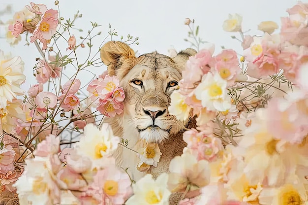 Foto un dipinto di un leone circondato da fiori