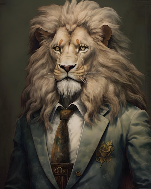 A painting of a lion wearing a suit and tie