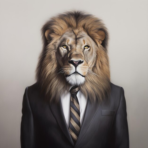 A painting of a lion wearing a suit and a tie.