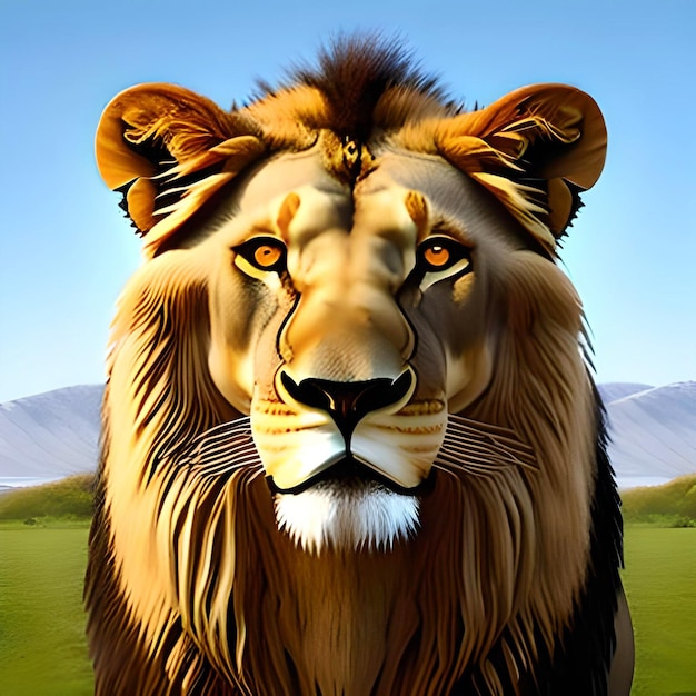 A painting of a lion with a blue background and a mountain in the background.