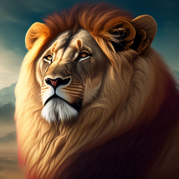 A painting of a lion with a blue background and the word lion on it.