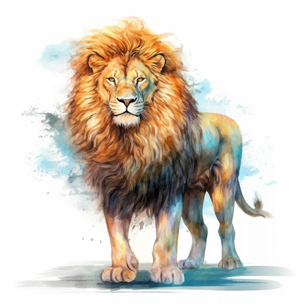 Painting of a lion with a blue eye standing in front of a white background generative ai