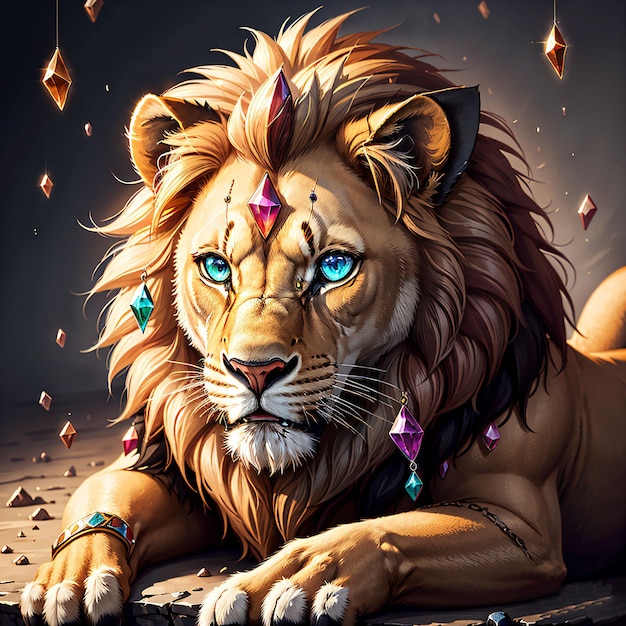A painting of a lion with blue eyes and a golden mane.