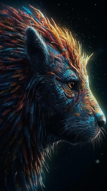 A painting of a lion with a blue and orange mane.