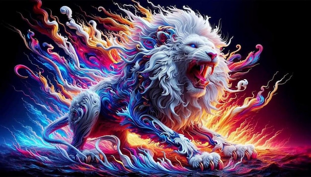 a painting of a lion with a colorful background