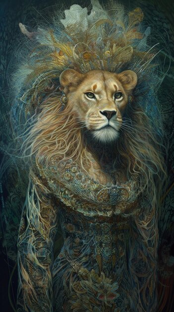 A painting of a lion with a crown on its head