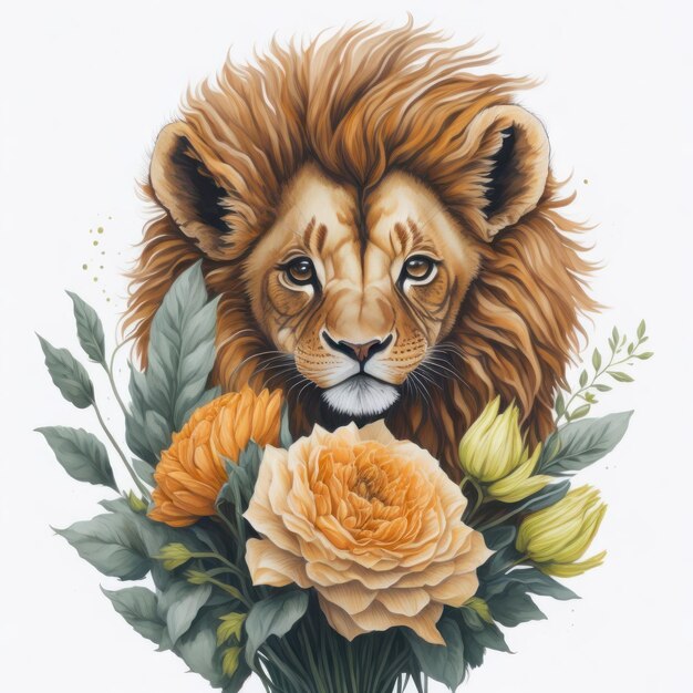 A painting of a lion with flowers on it