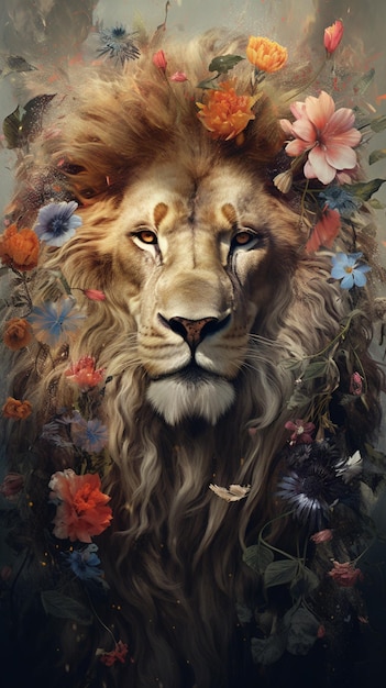 Photo a painting of a lion with flowers in it