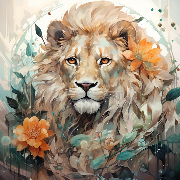 Painting of a lion with flowers in its mane generative ai