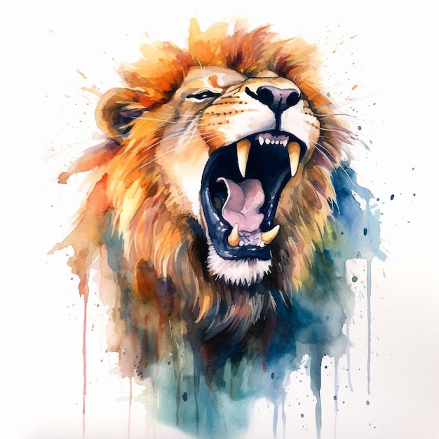 An Angry Lion with an Open Mouth and Sharp Teeth Roars in the Thicket of  the Night Forest. Generative AI Illustration in Bright Colors with Abstract  Brush Strokes for Wall Art and