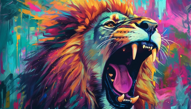 An Angry Lion with an Open Mouth and Sharp Teeth Roars in the Thicket of  the Night Forest. Generative AI Illustration in Bright Colors with Abstract  Brush Strokes for Wall Art and