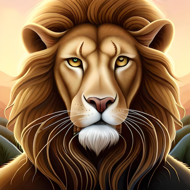 山の風景を背景にしたライオンの絵。