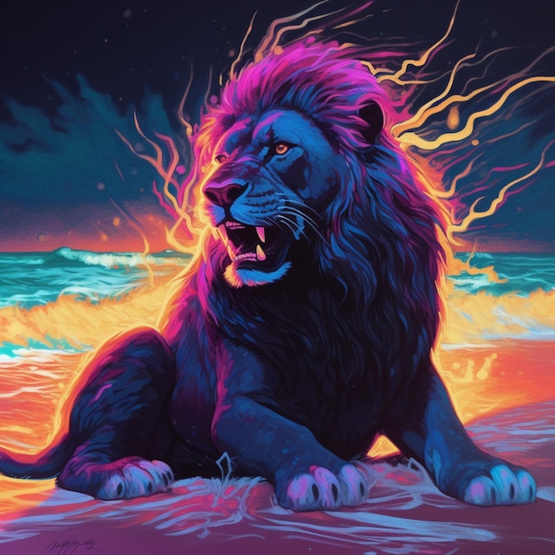 A painting of a lion with a purple mane and purple eyes sits on the beach