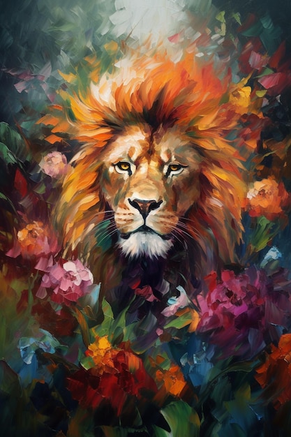 A painting of a lion with a red mane