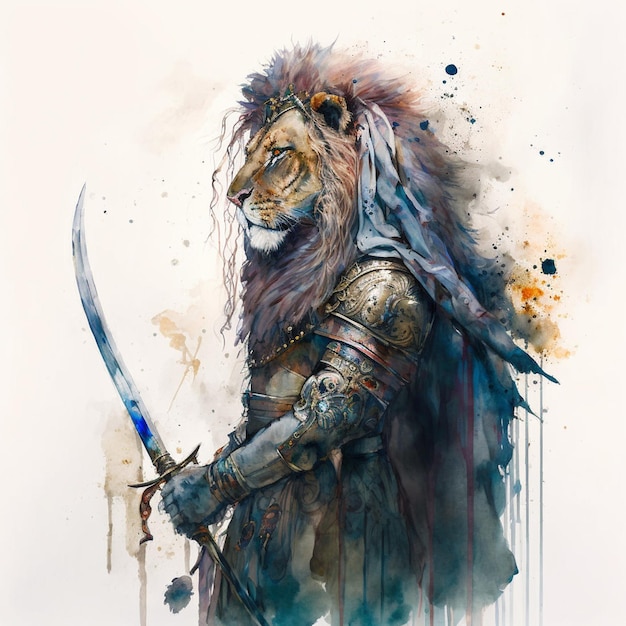 A painting of a lion with a sword in his hand