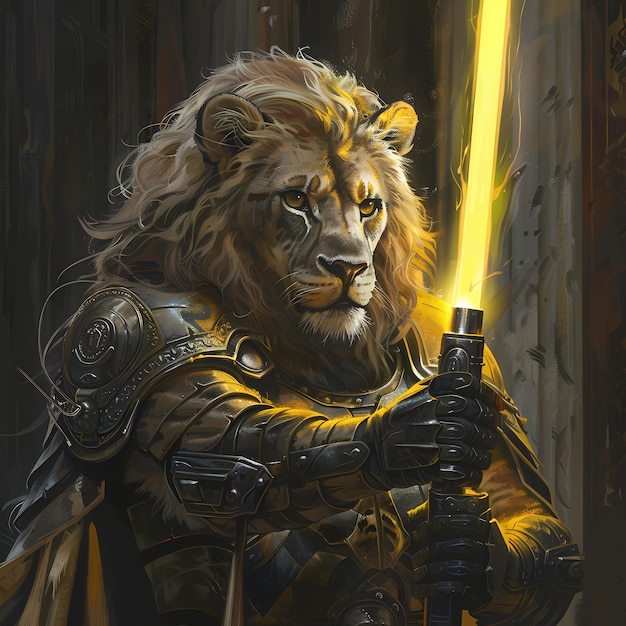 a painting of a lion with a sword and a sword