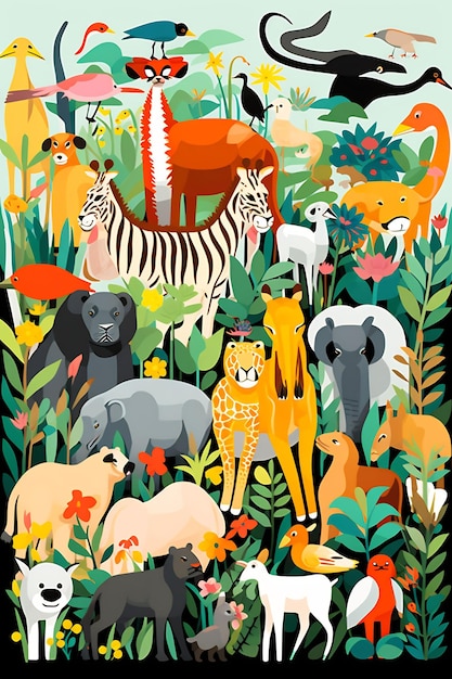 동물과 함께 정글에 있는 사자와 얼룩말의 그림