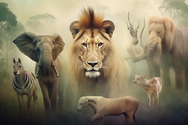 A painting of a lion, zebra, and other animals.