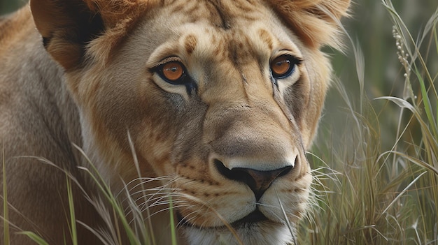 A painting of a lioness in the grass