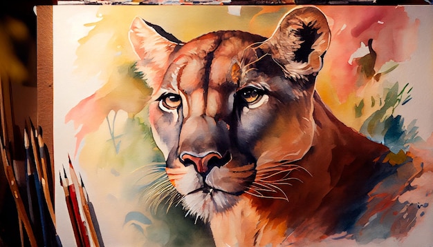 A painting of a lioness with a colorful background.