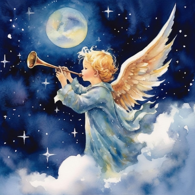 Painting of a little angel blowing a trumpet in the sky generative ai