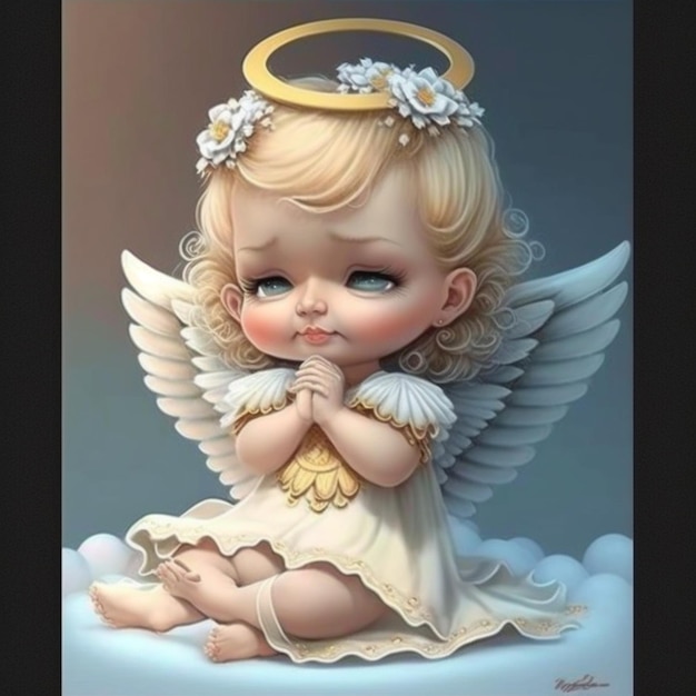 A painting of a little angel sitting on a cloud with a halo generative ai