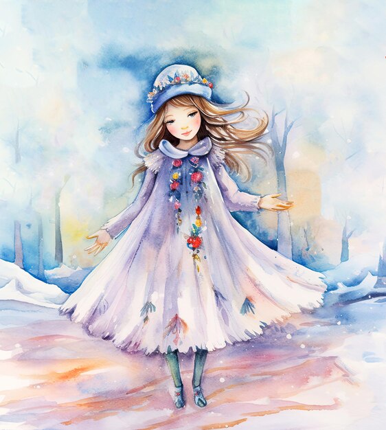 A painting of a little girl dressed as a ballerina with bird Winter concept