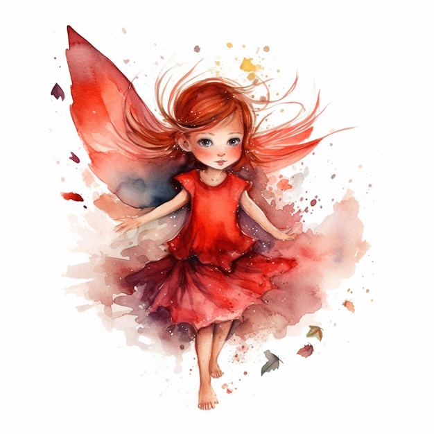 Painting of a little girl dressed in a red dress and a butterfly generative ai