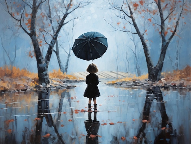painting of a little girl holding an umbrella standing in a puddle of water generative ai