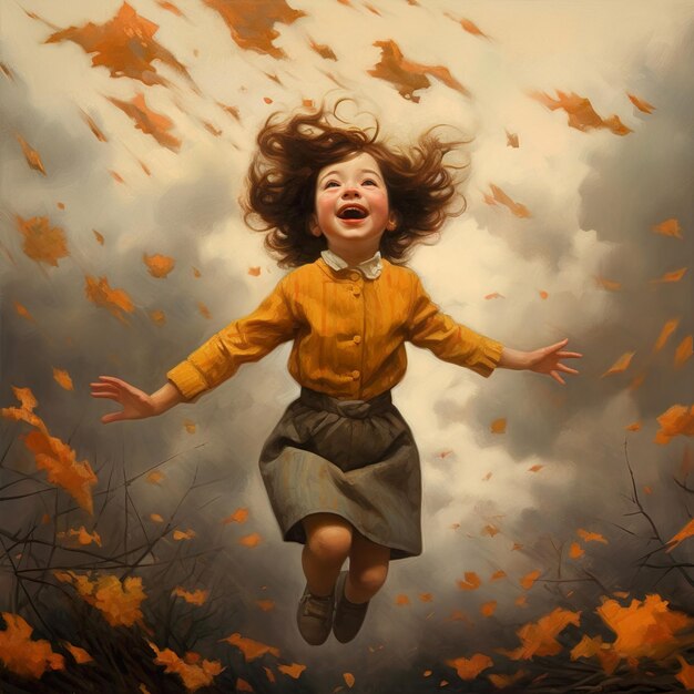 painting of little girl jumping autumn fall