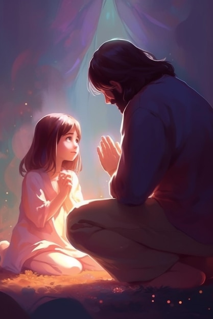 Картина маленькой девочки, стоящей на коленях рядом с мужчиной.