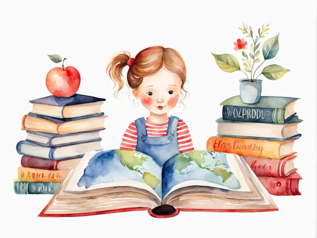 a painting of a little girl reading a book with a book titled a little girl