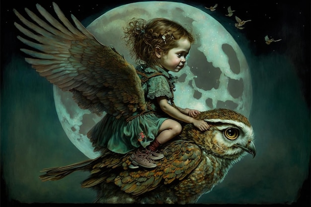 A painting of a little girl riding an owl.