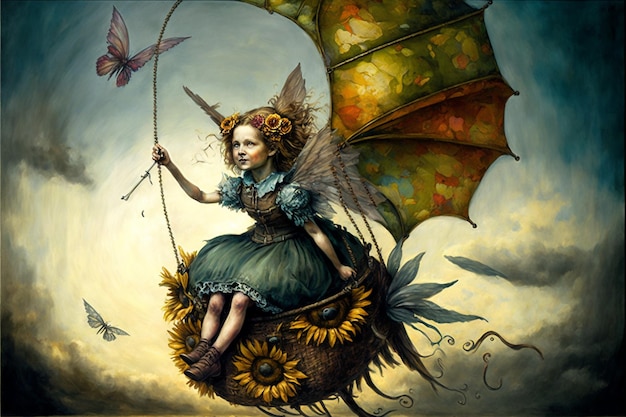 A painting of a little girl sitting on a flying dragonfly.