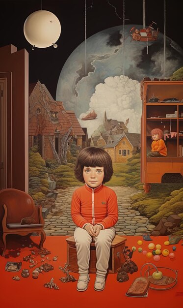 a painting of a little girl sitting on a rug with a moon in the background