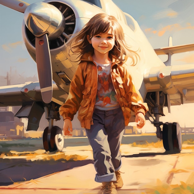 Photo painting of a little girl walking towards a plane on a runway generative ai