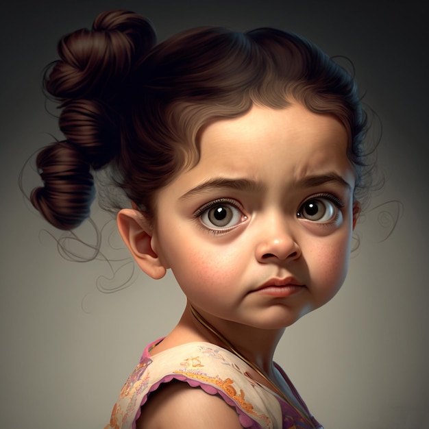 A painting of a little girl with brown eyes and a pink dress that says " i don't know what ".