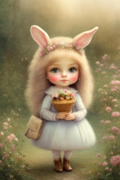Картина маленькой девочки с кроличьими ушками и корзиной яиц.