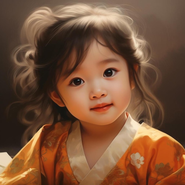 A painting of a little girl with a kimono on her head