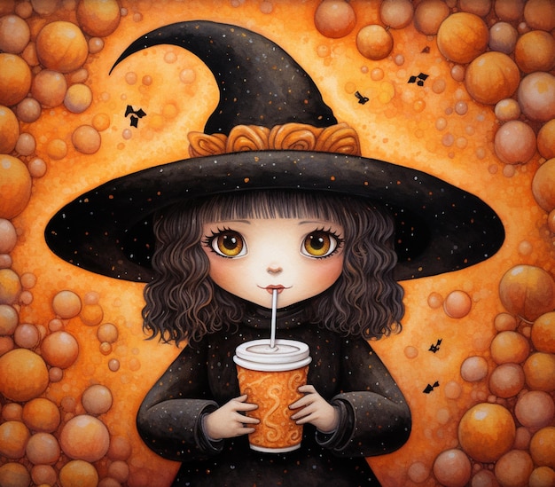 Painting of a little witch drinking a drink with a straw generative ai