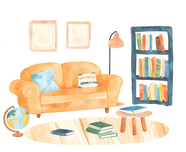 本棚と本棚を持つリビングの絵画
