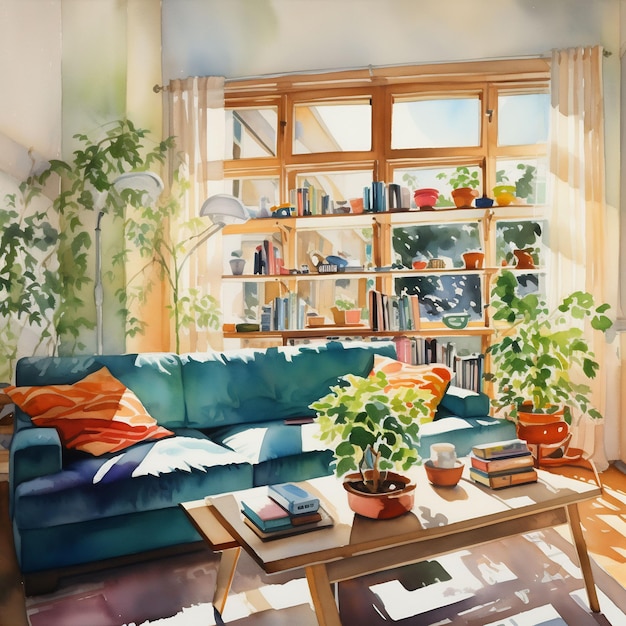 a painting of a living room with a couch and bookshelf