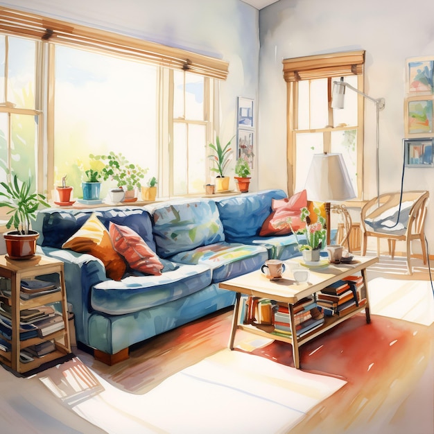 a painting of a living room with a couch and a coffee table