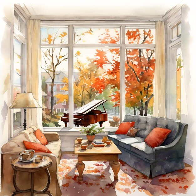 a painting of a living room with a couch and a coffee table