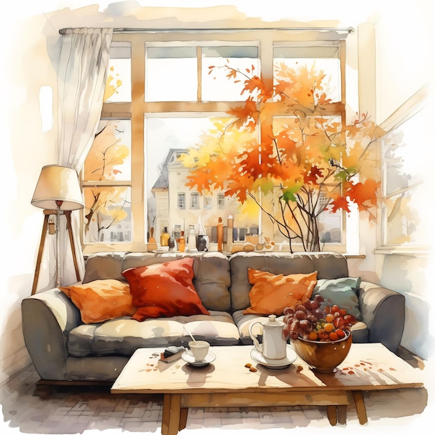 a painting of a living room with a couch and a coffee table