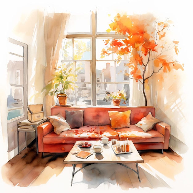 a painting of a living room with a couch and a coffee table