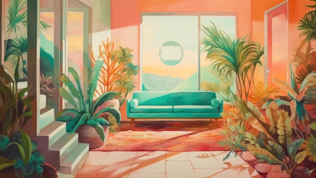 A painting of a living room with a couch and plants.