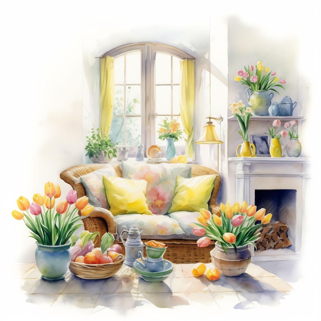 a painting of a living room with a couch and a pot of tulips