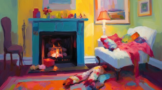 A painting of a living room with a fireplace and a blue couch.