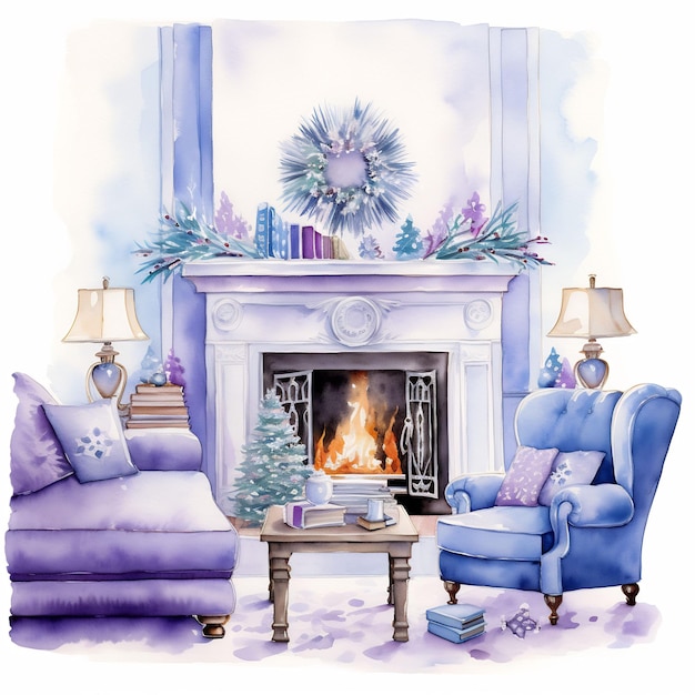A painting of a living room with a fireplace and a christmas tree